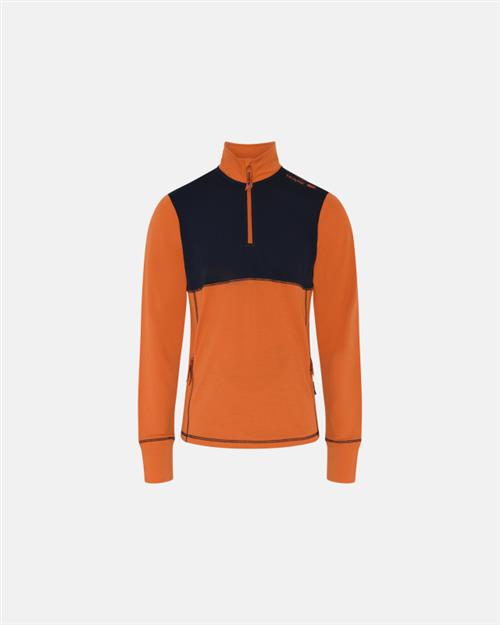 Langærmet t-shirt "half zip" | 100 merino uld | Orange/navy