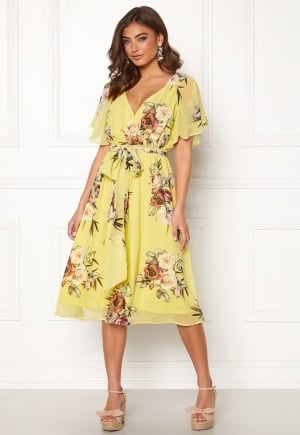 Goddiva Flutter Floral Midi Dress Soft Lemon L (UK14)