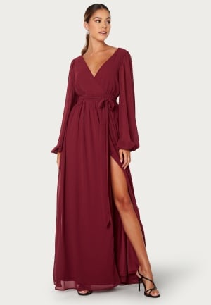 Goddiva Long Sleeve Chiffon Dress Berry M (UK12)