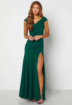 Se Goddiva Bardot Pleat Maxi Split Dress Green M (UK12) ved Bubbleroom