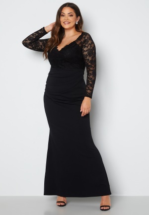 Se Goddiva Curve Long Sleeve Lace Trim Maxi Dress Black 54 (UK26) ved Bubbleroom