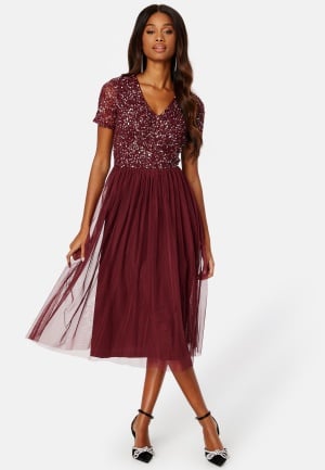 AngelEye Short Sleeve Sequin Embellished Midi Dress Burgundy M (UK12)