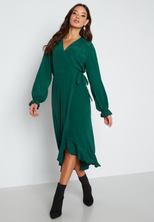 Se John Zack Long Sleeve Wrap Frill Dress Forest Green S (UK10) ved Bubbleroom