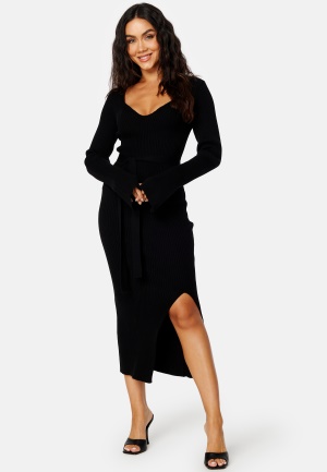 Se BUBBLEROOM Slit Knitted Midi Dress Black S ved Bubbleroom