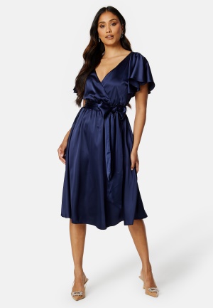 Goddiva Flutter Sleeve Satin Midi Dress Navy L (UK14)