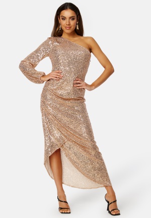 Elle Zeitoune Leon One Shoulder Sequin Dress Rose Gold L (UK14)