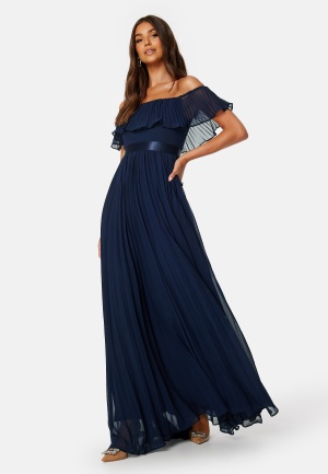 Goddiva Pleated Chiffon Off Shoulder Maxi Dress Navy S (UK10)