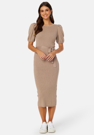 BUBBLEROOM Linnelle knitted puff sleeve dress Light nougat 2XL