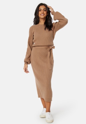 BUBBLEROOM Round Neck Rib Knitted Midi Dress  Light brown XS