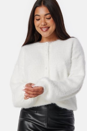 BUBBLEROOM Fluffy Knitted Pearl Cardigan Offwhite XS