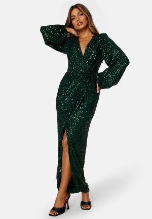 Bubbleroom Occasion Sequin Wrap Gown Dark green XS