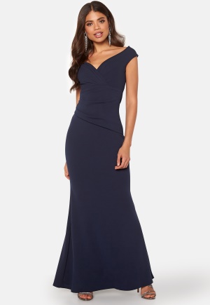 Goddiva Bardot Pleat Maxi Dress Navy L (UK14)