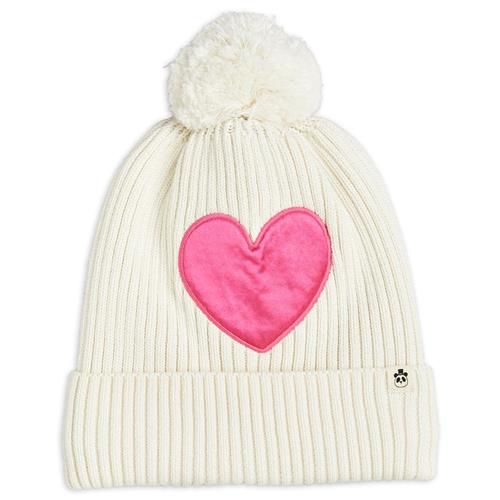 Mini Rodini GOTS Heart Pom Pom Strikket Hue Cremefarvet | Hvid | 44/46 cm