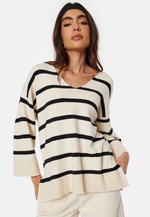 VERO MODA Vmsaba 3/4 V-neck stripe pullover Birch Stripes:BLACK XS