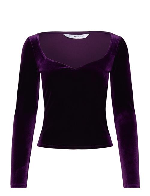 Se Mango Low-Cut Velvet T-Shirt Mango Purple ved Booztlet