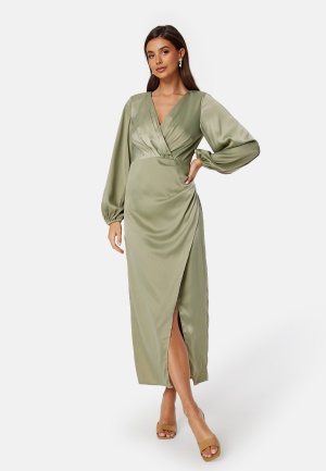 Bubbleroom Occasion L/S wrap satin midi dress Green L