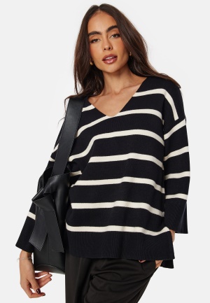 VERO MODA Vmsaba 3/4 V-neck stripe pullover Black Stripes: BIRCH M