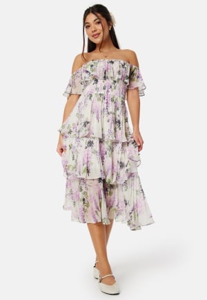 Se Goddiva Floral Bardot Pleated Midi Dress Multi XS (UK8) ved Bubbleroom