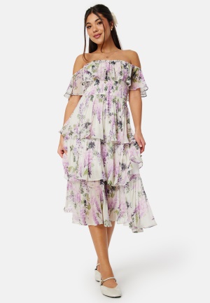 Se Goddiva Floral Bardot Pleated Midi Dress Multi XXL (UK18) ved Bubbleroom