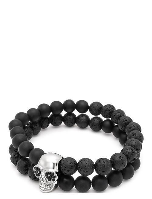 Nialaya Double Beaded Bracelet With Lava-St , Onyx And Silver Skull Nialaya Black