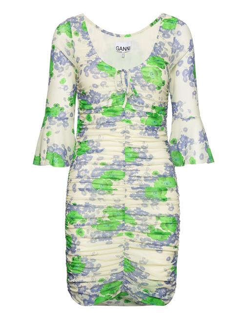 Ganni Printed Mesh U-Neck Ruched Mini Dress Ganni Green