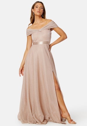 Goddiva Glitter Bardot Maxi Dress Nude XS (UK8)