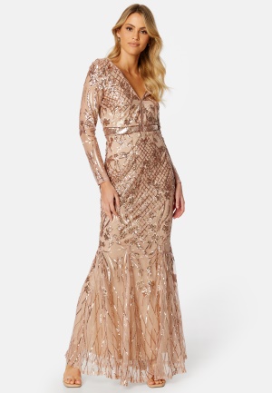 Goddiva Long Sleeve Sequin Maxi Dress Champagne S (UK10)