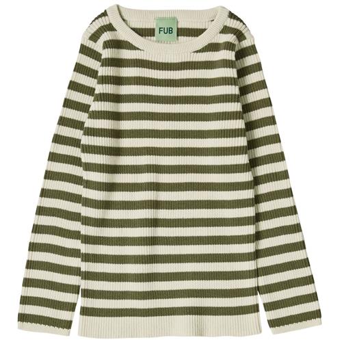 FUB Stribet Ribbet Langærmet T-shirt Ecru/Olive | Beige | 90 cm