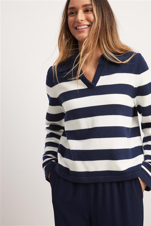 NA-KD Strikket trøje med krave - Navy,Stripe