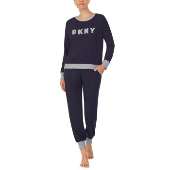 Se DKNY New Signature Long Sleeve Top and Jogger PJ Marineblå Small Dame ved Timarco