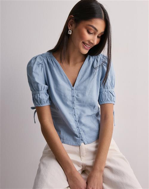 Only - Blå - Onlcaro S/S but Linen Bl Top Cc Pnt