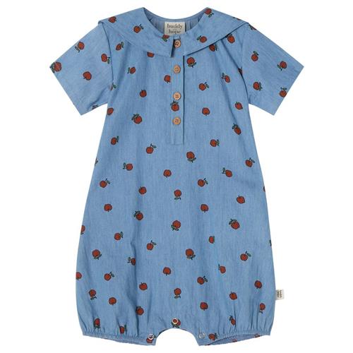 Se Buddy & Hope GOTS Isak Mønstret Romper Med Æbler Blå | Blå | 62/68 cm ved Babyshop