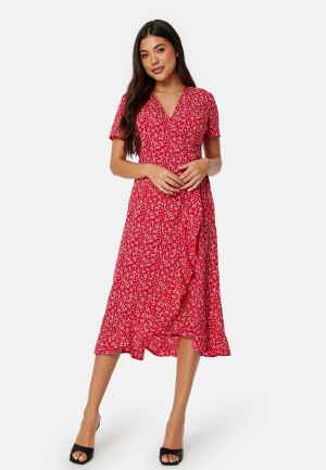 Se BUBBLEROOM Flounce Midi Wrap Dress Red/Patterned 2XL ved Bubbleroom