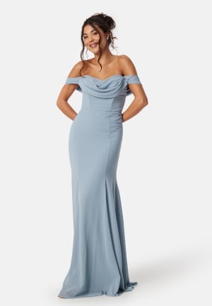 Goddiva Chiffon Off Shoulder Maxi Dress Light Blue L (UK14)