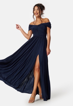 Goddiva Bardot Rouched Maxi Split Dress Navy XS (UK8)