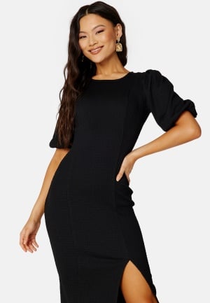 Se BUBBLEROOM Puff Sleeve Slit Dress Black XS ved Bubbleroom