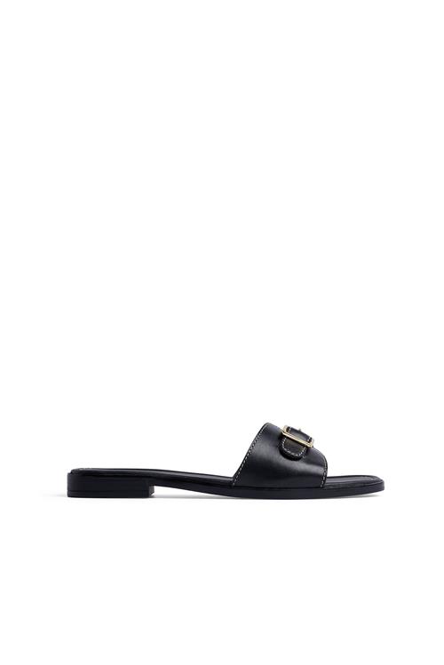 Se NA-KD Leather Buckle Slippers - Black ved NA-KD