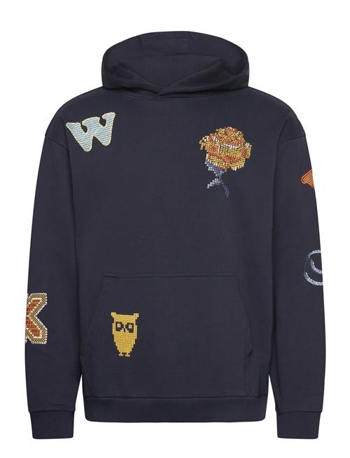 Se Knowledge Cotton Apparel Loose Fit Hood Sweat With Aop Embro Knowledge Cotton Apparel Navy ved Booztlet