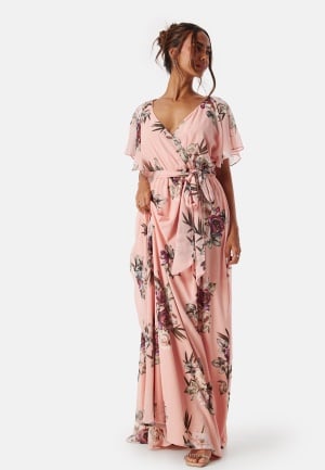 Goddiva Flutter Floral Maxi Dress Peach/Patterned XS (UK8)