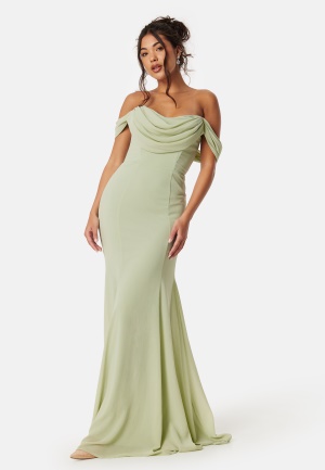 Se Goddiva Chiffon Off Shoulder Maxi Dress Light green L (UK14) ved Bubbleroom