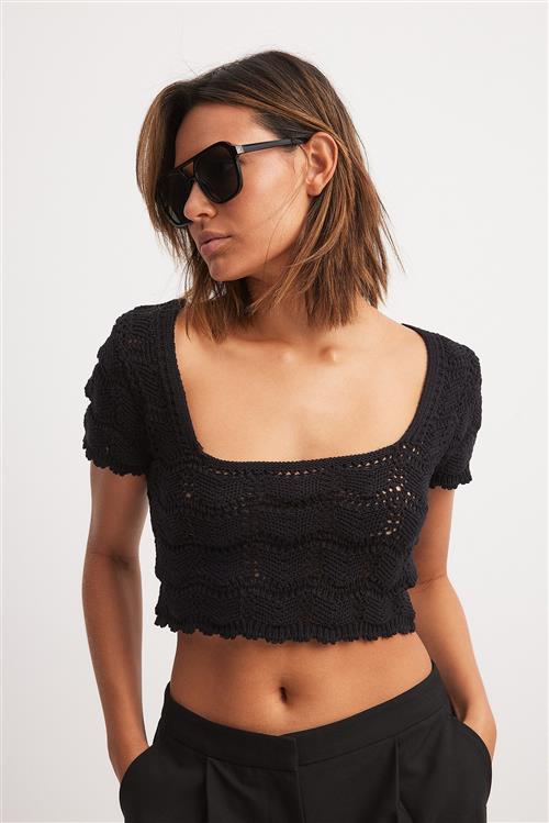 NA-KD Boho Hæklet off shoulder top - Black