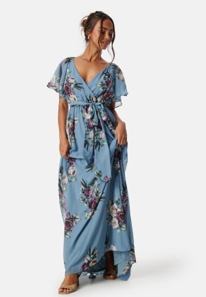 Goddiva Flutter Floral Maxi Dress Air Force Blue L (UK14)