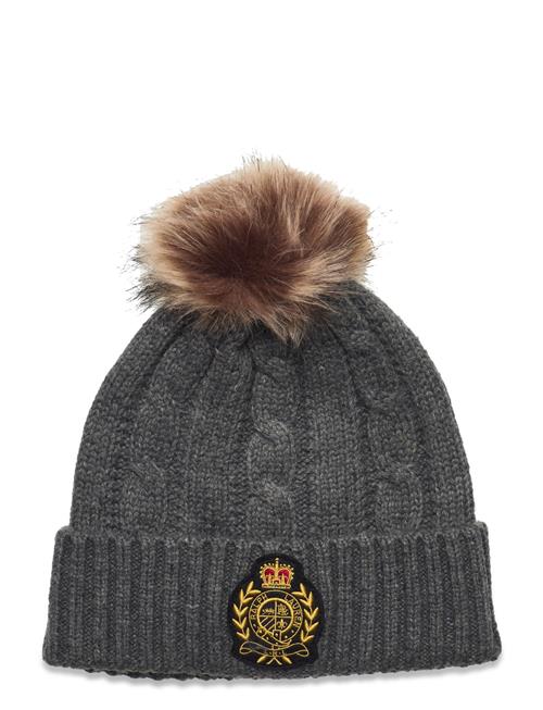 Lauren Ralph Lauren Crest-Patch Pom-Pom Cable-Knit Beanie Lauren Ralph Lauren Grey