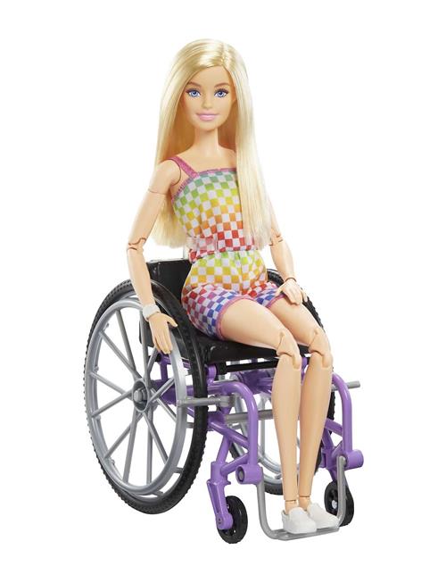 Fashionistas Doll #194 With Wheelchair & Ramp, Blond Hair, Rainbow Dress & Accessories Barbie Patterned