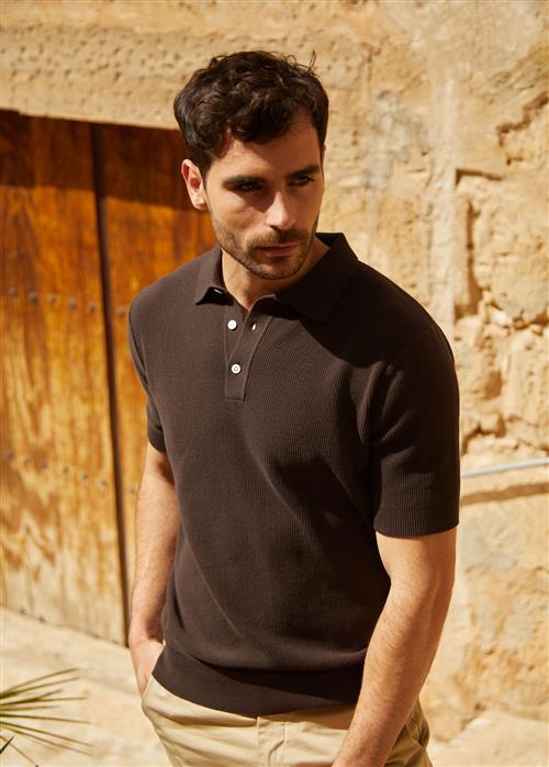 Appearance Structure Knit Polo Shirt, Brown - Str: XXL