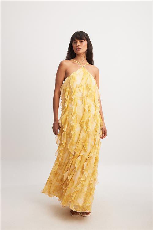 NA-KD Maxikjole med struktur og flæse i chiffon - Yellow