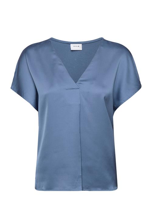 Viellette V-Neck S/S Satin Top - Noos Vila Blue