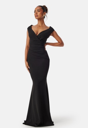 Se Goddiva Bardot Pleat Maxi Dress Black L (UK14) ved Bubbleroom