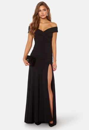 Se Goddiva Bardot Pleat Maxi Split Dress Black XS (UK8) ved Bubbleroom