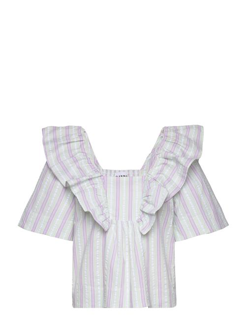 Ganni Stripe Seersucker Ruffle Blouse Ganni Patterned